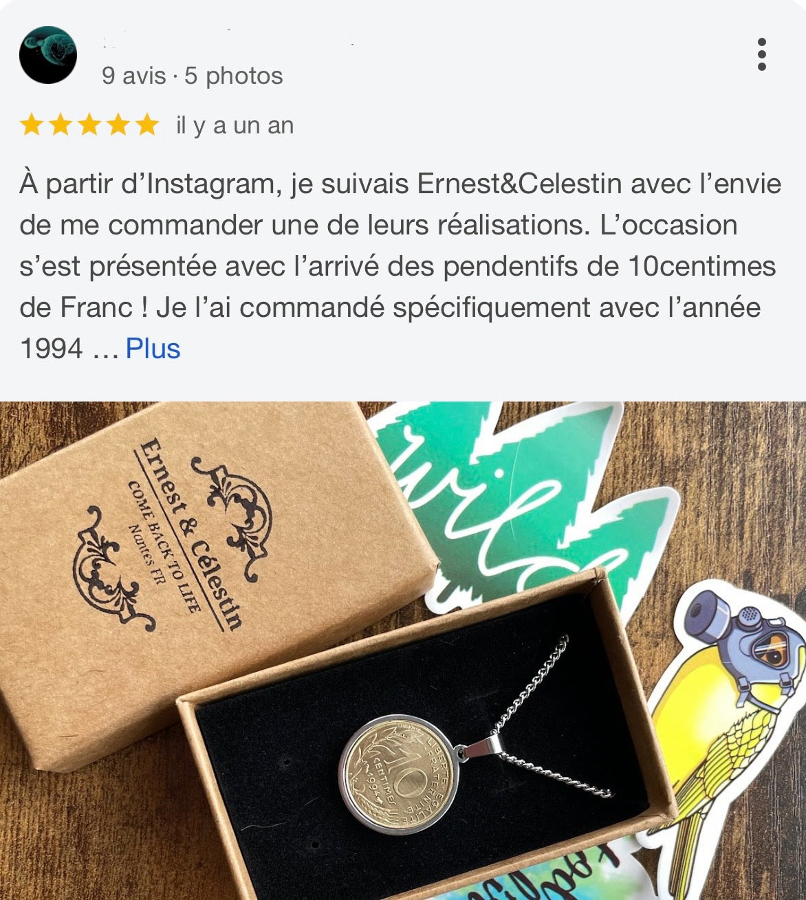 avis google pendentif 10 centimes recyclage Made in France bijoux offrir cadeau Ernest et Celestin