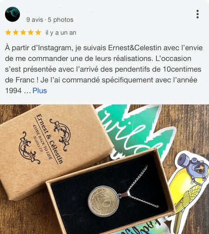 avis google pendentif 10 centimes recyclage Made in France bijoux offrir cadeau Ernest et Celestin